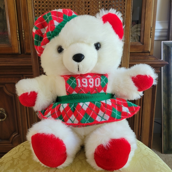 Kmart Toys Vtg 99 Kmart Dan Dee Christmas White Teddy Bear Plush Plaid Dress Poshmark